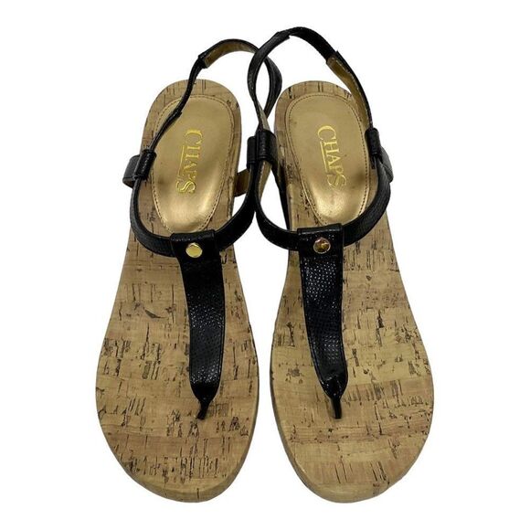 Chaps Raevyn Size 5.5 Black Thong Cork T-Strap Wedge Open Toe Slip On Sandals - Picture 2 of 8